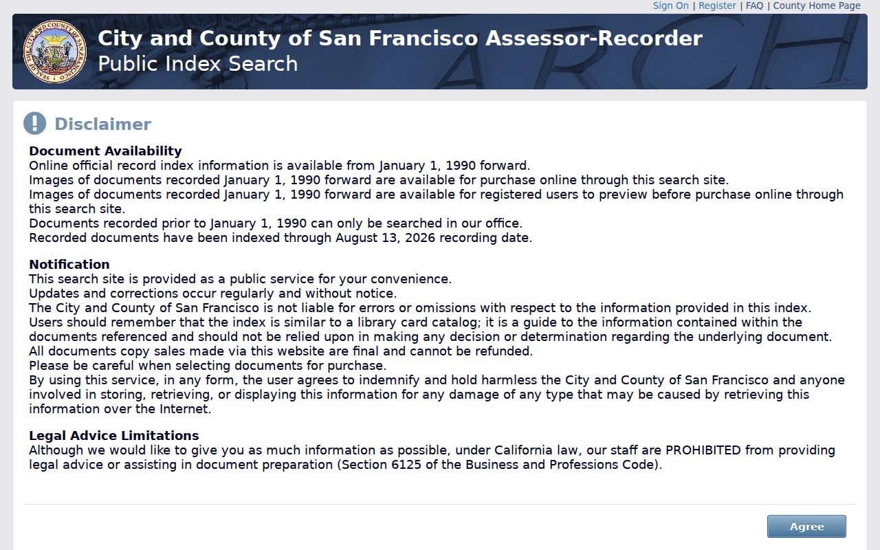 San Francisco previous residents recorded document index