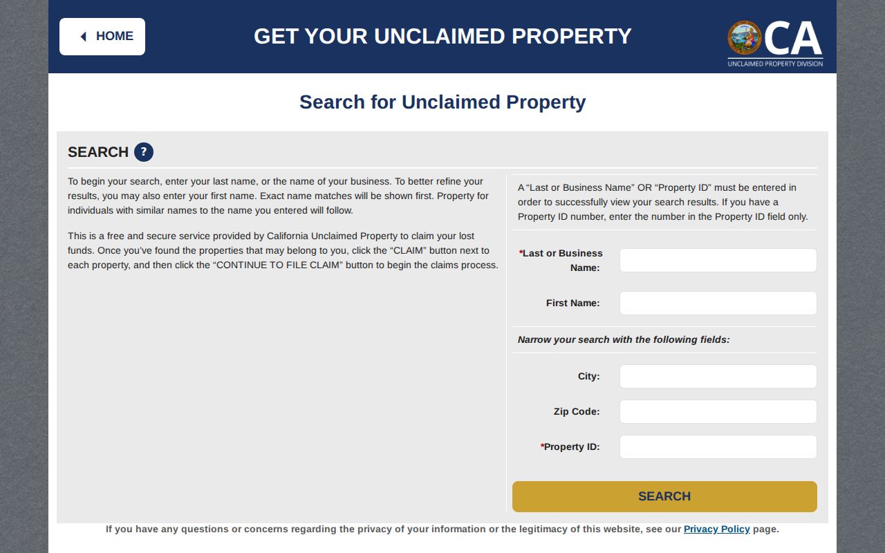 San Francisco resident lookup view of the California unclaimed property search