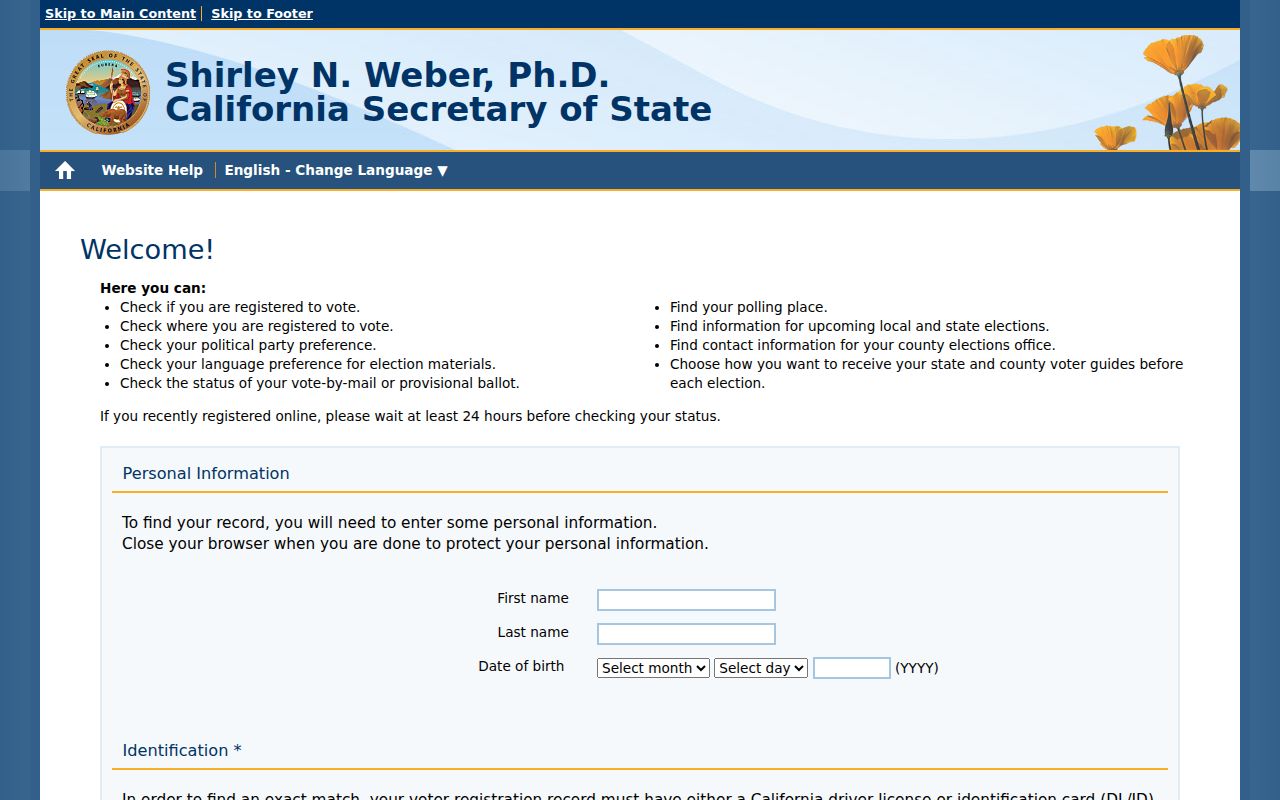 California My Voter Status fields for a San Francisco residents directory search