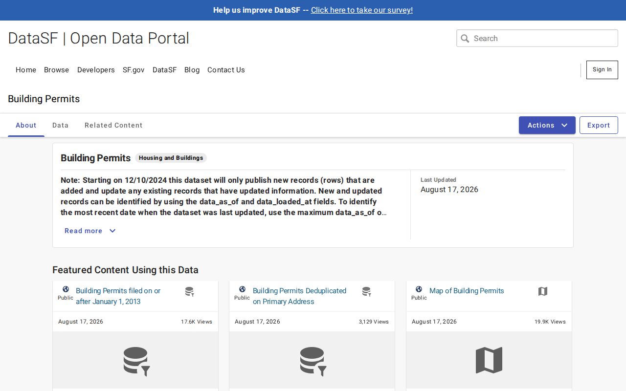 San Francisco building permit dataset for a street directory address history