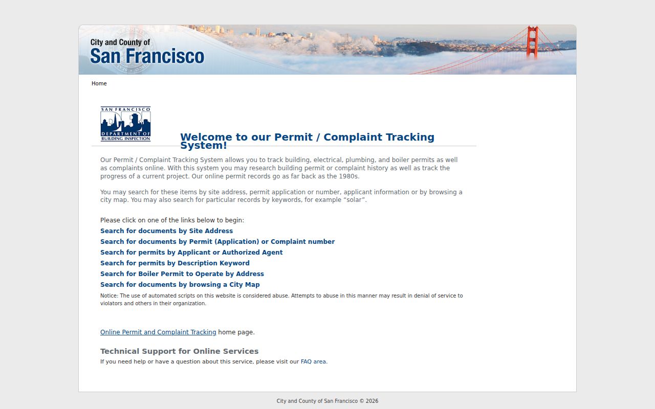 San Francisco building permit inquiry supporting a street directory search